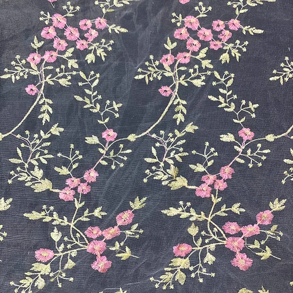 YX695 Ready-To-Stock Wholesale Embroidery Mesh 100% Polyester Pink Florals Embroidery Tulle Fabric for Girls Skirt Making