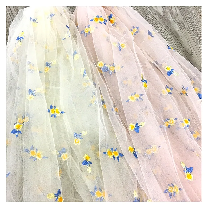 Polyester Tulle Embroidered Fabric With Daisy Sunflower Embroidery Design Tulle Mesh Fabric Girl Dress Fabric