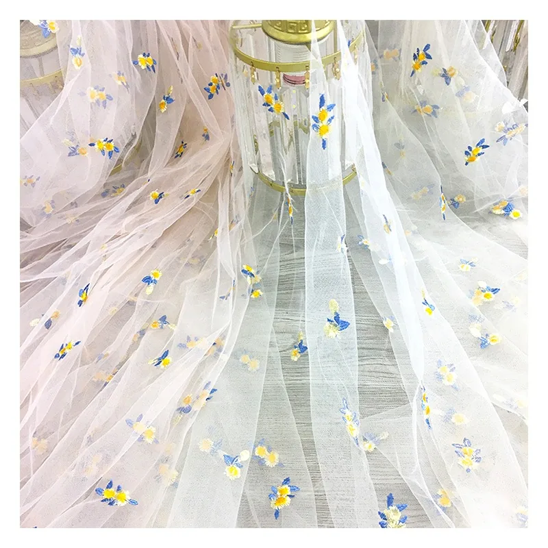 Polyester Tulle Embroidered Fabric With Daisy Sunflower Embroidery Design Tulle Mesh Fabric Girl Dress Fabric