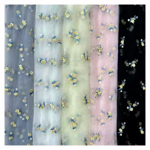 Polyester Tulle Embroidered Fabric With Daisy Sunflower Embroidery Design Tulle Mesh Fabric Girl Dress Fabric