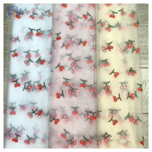 Cheap Competitive Wholesale Price Embroidery Lace Fabric Red Cherry Embroidery Tulle Mesh Fabric for Children