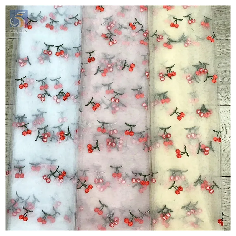 Cheap Competitive Wholesale Price Embroidery Lace Fabric Red Cherry Embroidery Tulle Mesh Fabric for Children