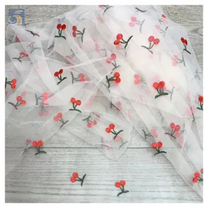 Cheap Competitive Wholesale Price Embroidery Lace Fabric Red Cherry Embroidery Tulle Mesh Fabric for Children