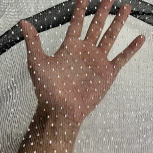YX1393 2026 Black Mesh Tulle 60gsm Flocked White 3mm Polka Dot Tulle Pleated Fabric Pleated Tulle Flocked White Dot Fabric