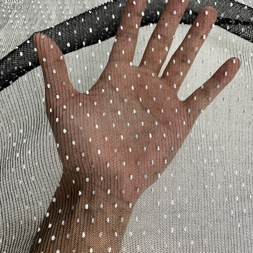 YX1393 2026 Black Mesh Tulle 60gsm Flocked White 3mm Polka Dot Tulle Pleated Fabric Pleated Tulle Flocked White Dot Fabric