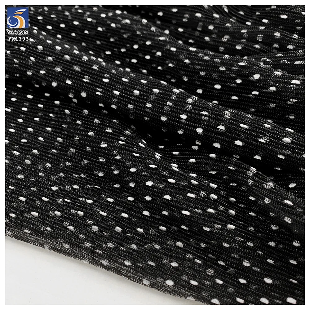 YX1393 2026 Black Mesh Tulle 60gsm Flocked White 3mm Polka Dot Tulle Pleated Fabric Pleated Tulle Flocked White Dot Fabric