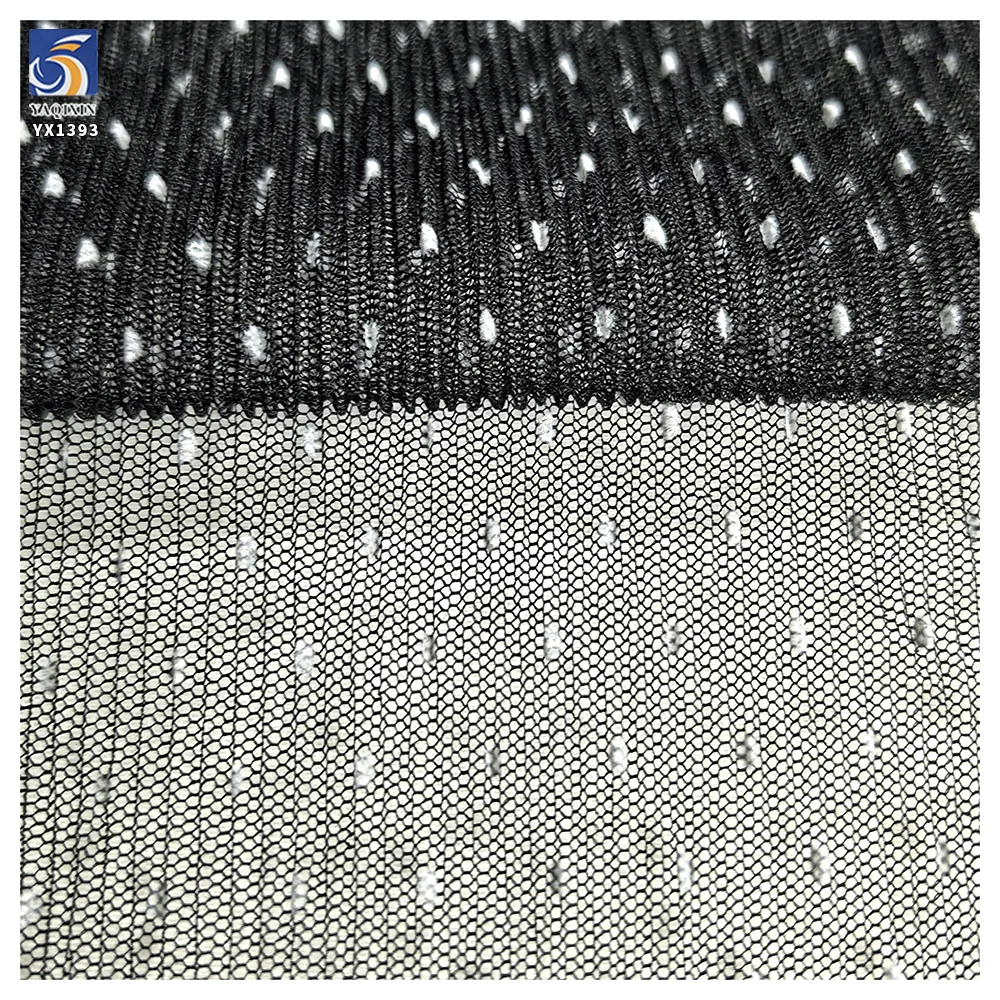 YX1393 2026 Black Mesh Tulle 60gsm Flocked White 3mm Polka Dot Tulle Pleated Fabric Pleated Tulle Flocked White Dot Fabric