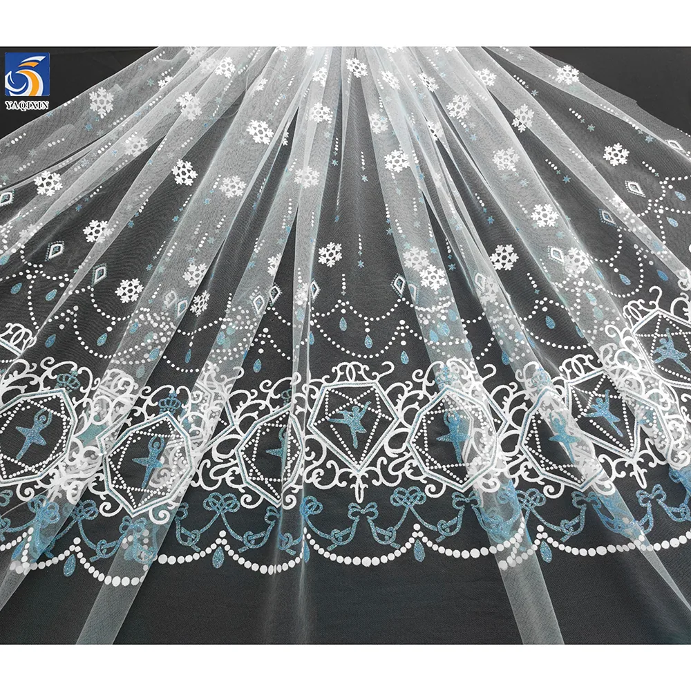 YX967 Clearing Out Inventory at a Loss Cheap Bulk Fabric Wholesale Blue and White Snowflake Printed Tulle Fabric for Sales