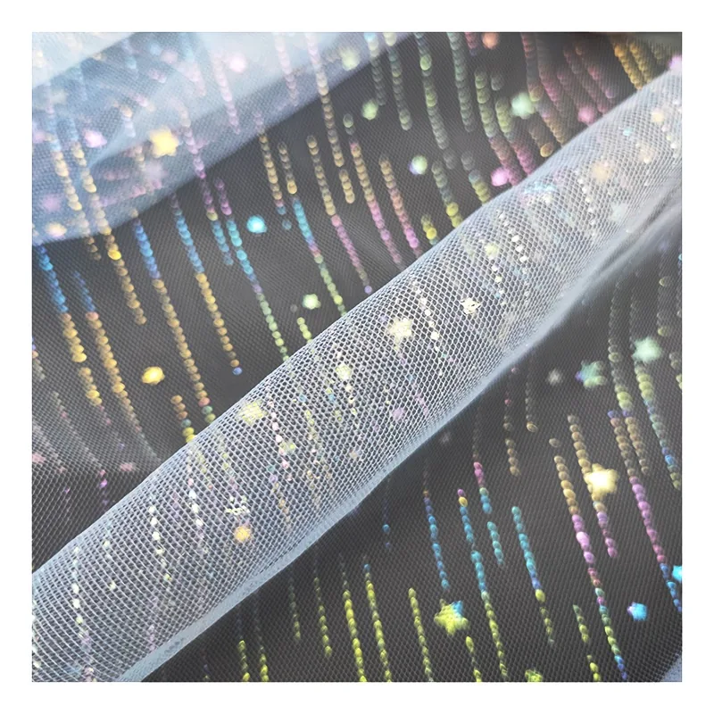 Lace Fabric Sky Blue Mesh Glitter Tulle Lace Fabric with Colorful Shooting Star for Baby Tutu Dress Fabric