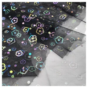 YX2017 2025 New Bud Print Illusion Mesh Foil Film Printed Tulle Fabric for Children's Dresses Fashion Gowns