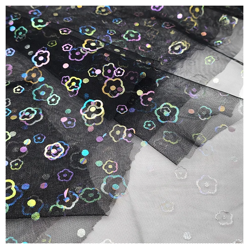 YX2017 2025 New Bud Print Illusion Mesh Foil Film Printed Tulle Fabric for Children's Dresses Fashion Gowns