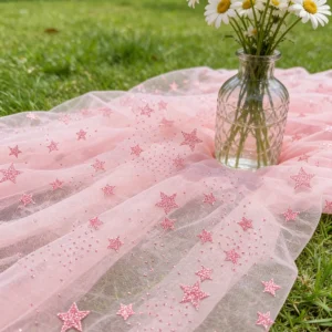 YX1380 Popular 2026 Style Pink Glitter Tulle Fabric by the Yard Knit Glitter Stars Mesh Tulle Fabric for Girls Dress