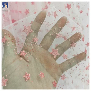 YX1380 Popular 2026 Style Pink Glitter Tulle Fabric by the Yard Knit Glitter Stars Mesh Tulle Fabric for Girls Dress