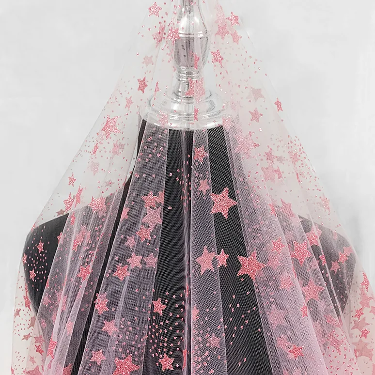 YX1380 Popular 2026 Style Pink Glitter Tulle Fabric by the Yard Knit Glitter Stars Mesh Tulle Fabric for Girls Dress