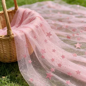 YX1380 Popular 2026 Style Pink Glitter Tulle Fabric by the Yard Knit Glitter Stars Mesh Tulle Fabric for Girls Dress