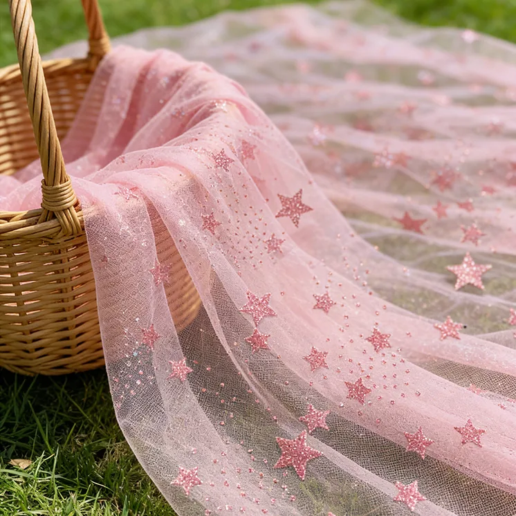 YX1380 Popular 2026 Style Pink Glitter Tulle Fabric by the Yard Knit Glitter Stars Mesh Tulle Fabric for Girls Dress