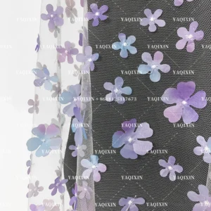 YX1130 High Quality Purple and Blue Gradient Flowers 3D Mesh Fabric 2 Yards Embroidery 3D Florals Tulle Christmas Skirt Fabric
