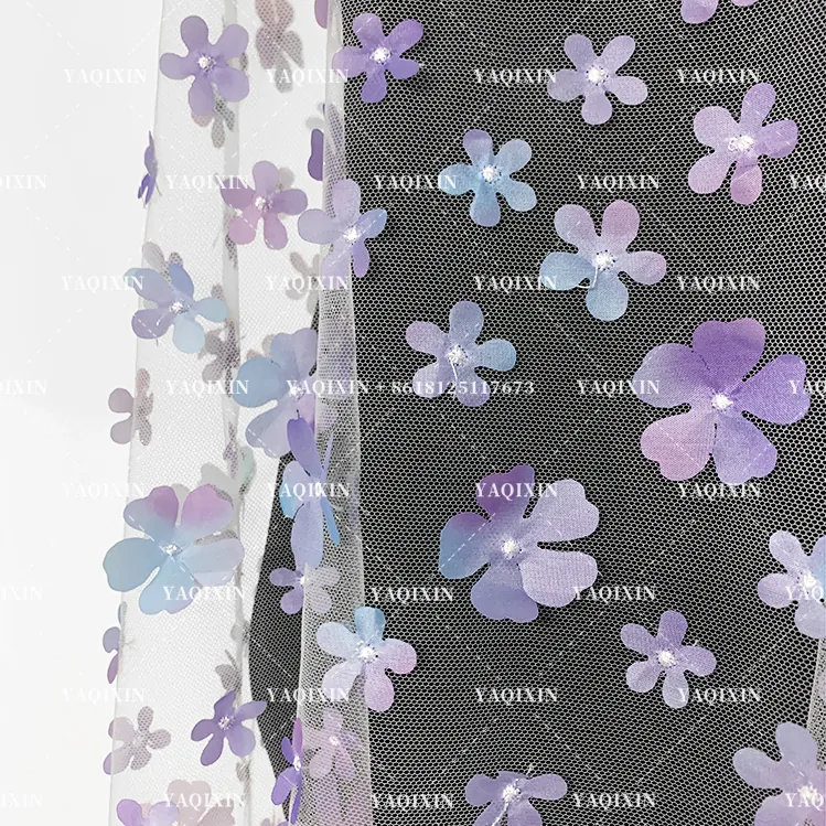 YX1130 High Quality Purple and Blue Gradient Flowers 3D Mesh Fabric 2 Yards Embroidery 3D Florals Tulle Christmas Skirt Fabric