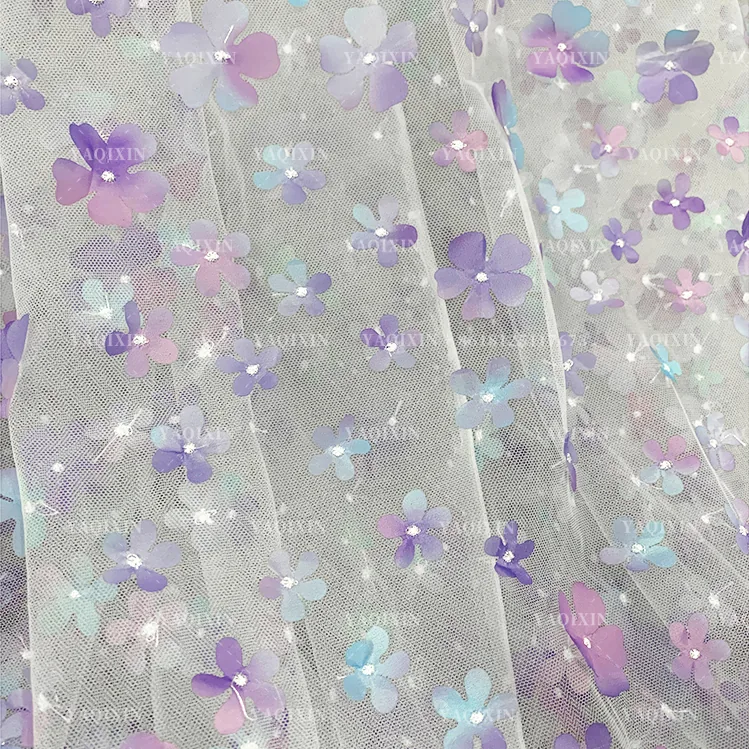 YX1130 High Quality Purple and Blue Gradient Flowers 3D Mesh Fabric 2 Yards Embroidery 3D Florals Tulle Christmas Skirt Fabric