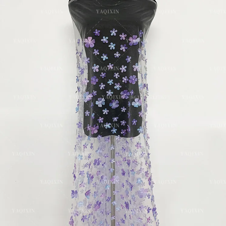 YX1130 High Quality Purple and Blue Gradient Flowers 3D Mesh Fabric 2 Yards Embroidery 3D Florals Tulle Christmas Skirt Fabric