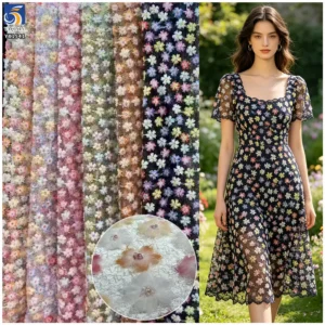 YX1541 3D Multicolor Floral Embroidered Mesh Fabric With Pearl Beads for Evening Dresses and Women's Fashion