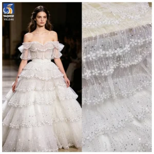 YX1546 3D Floral Beaded Tiered Ruffle Tulle Fabric With Sequins for Bridal Wedding Dresses