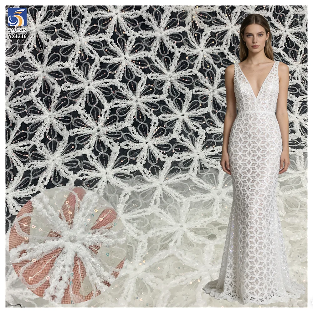 YX1216 American Summer Knitted Embroidery Flowers Fabric Mesh Crochet Rope Lace Fabric With Sequins for Women Dress