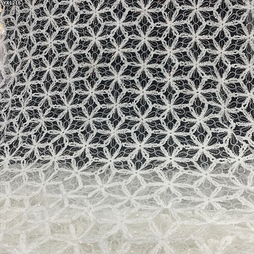 YX1216 American Summer Knitted Embroidery Flowers Fabric Mesh Crochet Rope Lace Fabric With Sequins for Women Dress