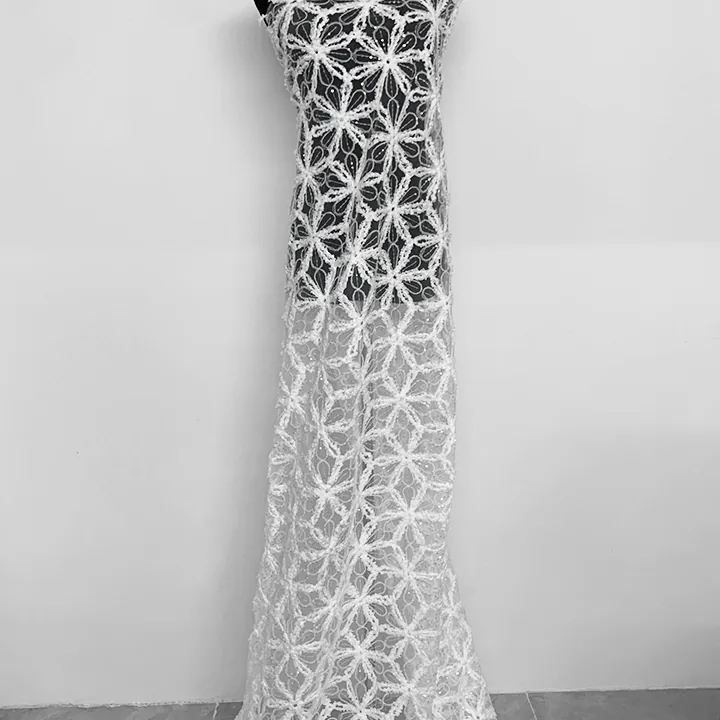 YX1216 American Summer Knitted Embroidery Flowers Fabric Mesh Crochet Rope Lace Fabric With Sequins for Women Dress