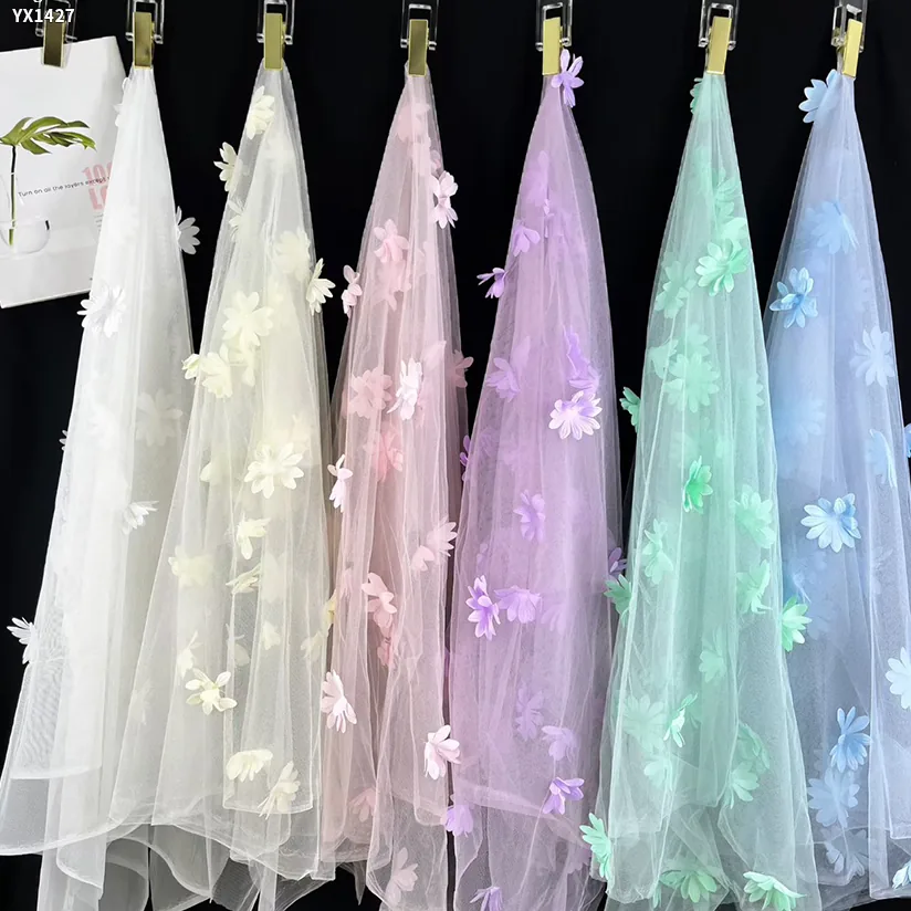 YX1427 Wholesale 3D Florals Embroidery Tulle Mesh Fabric Children Dress Soft 3D Net Lace Pastel OEM ODM Factory