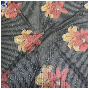 YX1428 RTS 180gsm New 2026 Sun Face Sunflower Printed Sequin 4 Way Stretch Net Mesh Fabric 140cm for Evening Gown