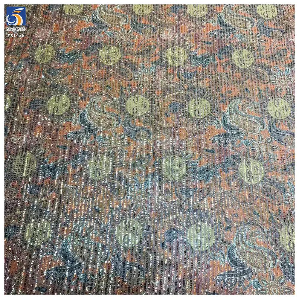 YX1428 RTS 180gsm New 2026 Sun Face Sunflower Printed Sequin 4 Way Stretch Net Mesh Fabric 140cm for Evening Gown