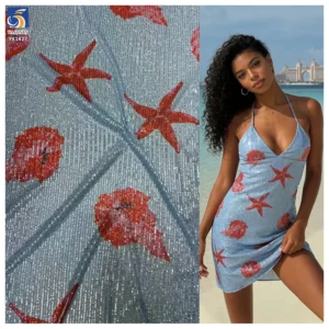 YX1428 RTS 180gsm New 2026 Sun Face Sunflower Printed Sequin 4 Way Stretch Net Mesh Fabric 140cm for Evening Gown