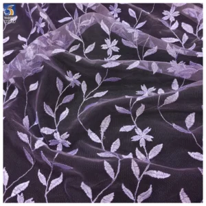 YX511 New Design Embroidery Fabric 2025 100% Polyester Leaf Pattern Embroidered Purple Tulle Mesh Fabric