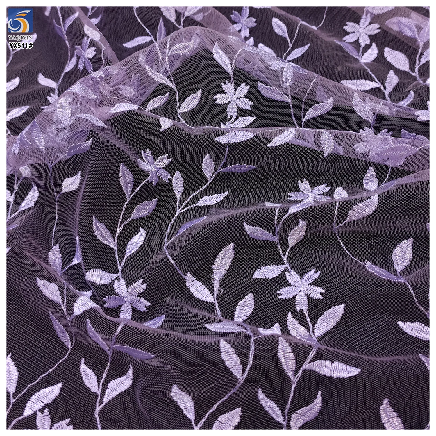 YX511 New Design Embroidery Fabric 2025 100% Polyester Leaf Pattern Embroidered Purple Tulle Mesh Fabric