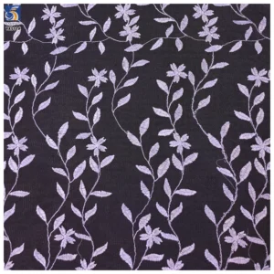 YX511 New Design Embroidery Fabric 2025 100% Polyester Leaf Pattern Embroidered Purple Tulle Mesh Fabric