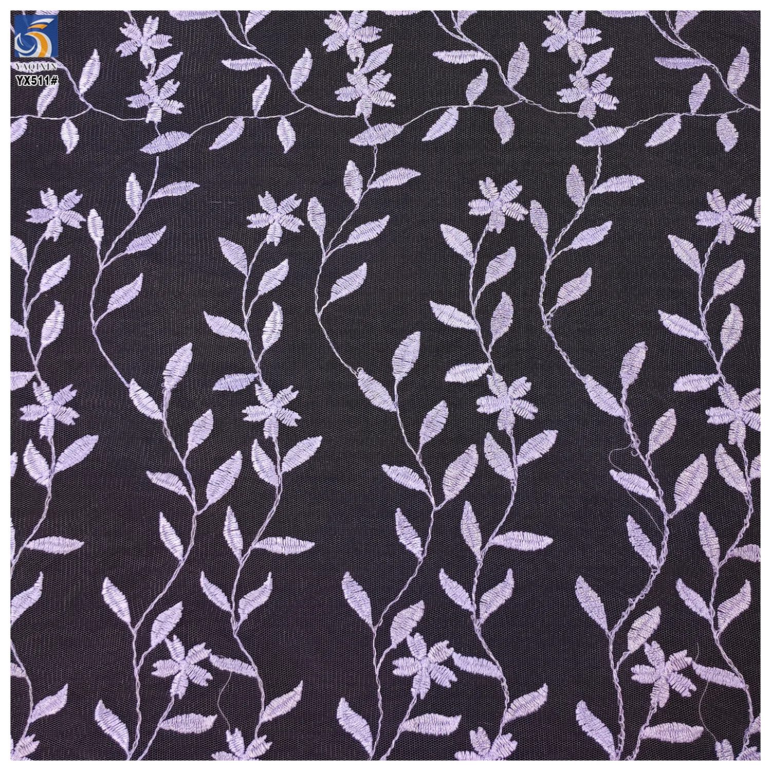 YX511 New Design Embroidery Fabric 2025 100% Polyester Leaf Pattern Embroidered Purple Tulle Mesh Fabric