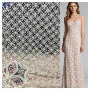 YX1307 High Quality Light Pink Swiss Rope Embroidered Mesh Lace Fabric With Sequins Embroidery Mesh Fabric for Women Dress