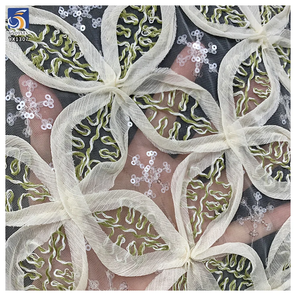 YX1307 High Quality Light Pink Swiss Rope Embroidered Mesh Lace Fabric With Sequins Embroidery Mesh Fabric for Women Dress