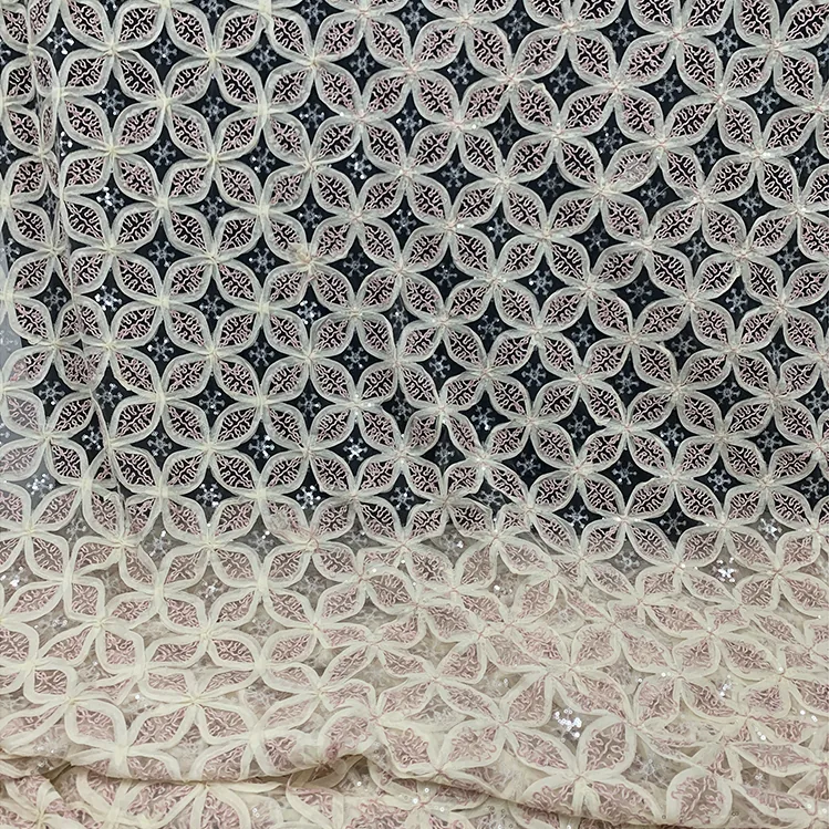 YX1307 High Quality Light Pink Swiss Rope Embroidered Mesh Lace Fabric With Sequins Embroidery Mesh Fabric for Women Dress