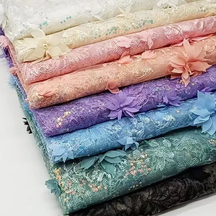 YX1262 200gsm New France Mesh Sequin Embroidered Fabric Flowers 3D Hand Embroidery Fabric With Sequins for Women's Garments