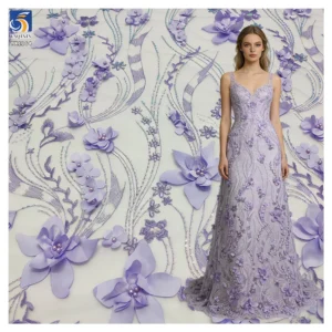 YX1264 Latest Design in China Pearl 3D Embroidery Lavender Purple Fabric 5 Yards Purple Flowers Mesh Fabric With Sequins