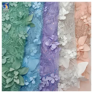 YX1264 Latest Design in China Pearl 3D Embroidery Lavender Purple Fabric 5 Yards Purple Flowers Mesh Fabric With Sequins