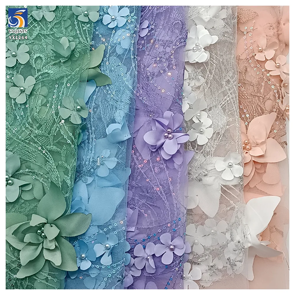 YX1264 Latest Design in China Pearl 3D Embroidery Lavender Purple Fabric 5 Yards Purple Flowers Mesh Fabric With Sequins