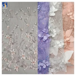 YX1264 Latest Design in China Pearl 3D Embroidery Lavender Purple Fabric 5 Yards Purple Flowers Mesh Fabric With Sequins