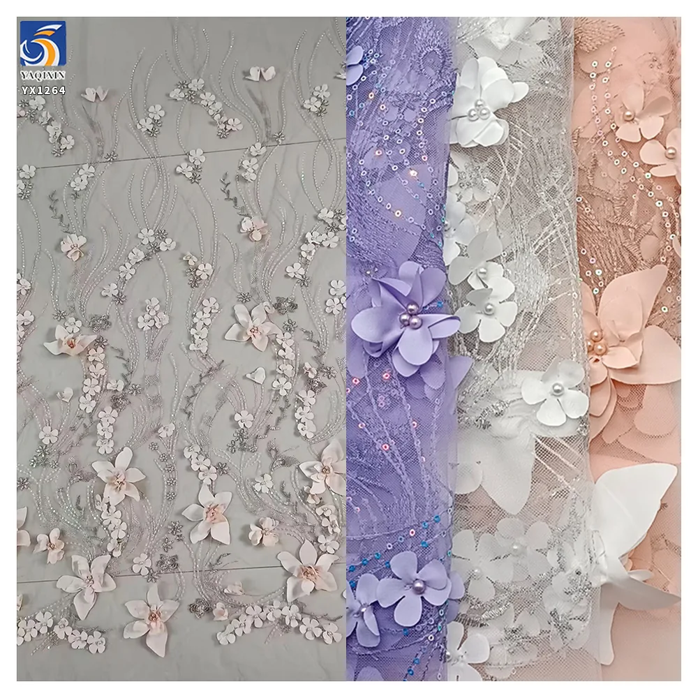 YX1264 Latest Design in China Pearl 3D Embroidery Lavender Purple Fabric 5 Yards Purple Flowers Mesh Fabric With Sequins