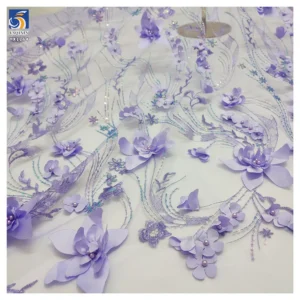 YX1264 Latest Design in China Pearl 3D Embroidery Lavender Purple Fabric 5 Yards Purple Flowers Mesh Fabric With Sequins