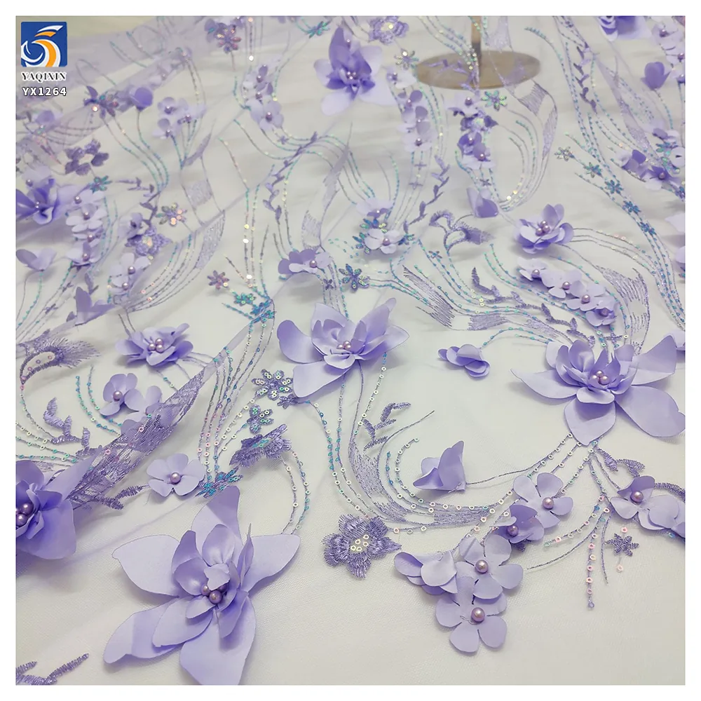 YX1264 Latest Design in China Pearl 3D Embroidery Lavender Purple Fabric 5 Yards Purple Flowers Mesh Fabric With Sequins