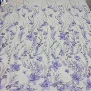YX1264 Latest Design in China Pearl 3D Embroidery Lavender Purple Fabric 5 Yards Purple Flowers Mesh Fabric With Sequins