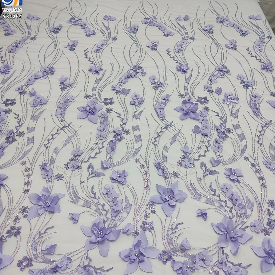 YX1264 Latest Design in China Pearl 3D Embroidery Lavender Purple Fabric 5 Yards Purple Flowers Mesh Fabric With Sequins